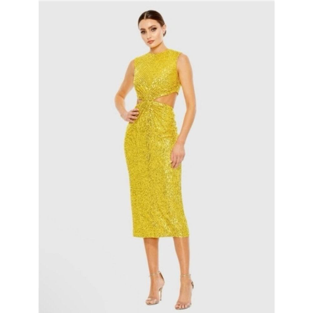 Ieena for Mac Duggal Yellow Sequin Cutout Gown Sz 8 NWT